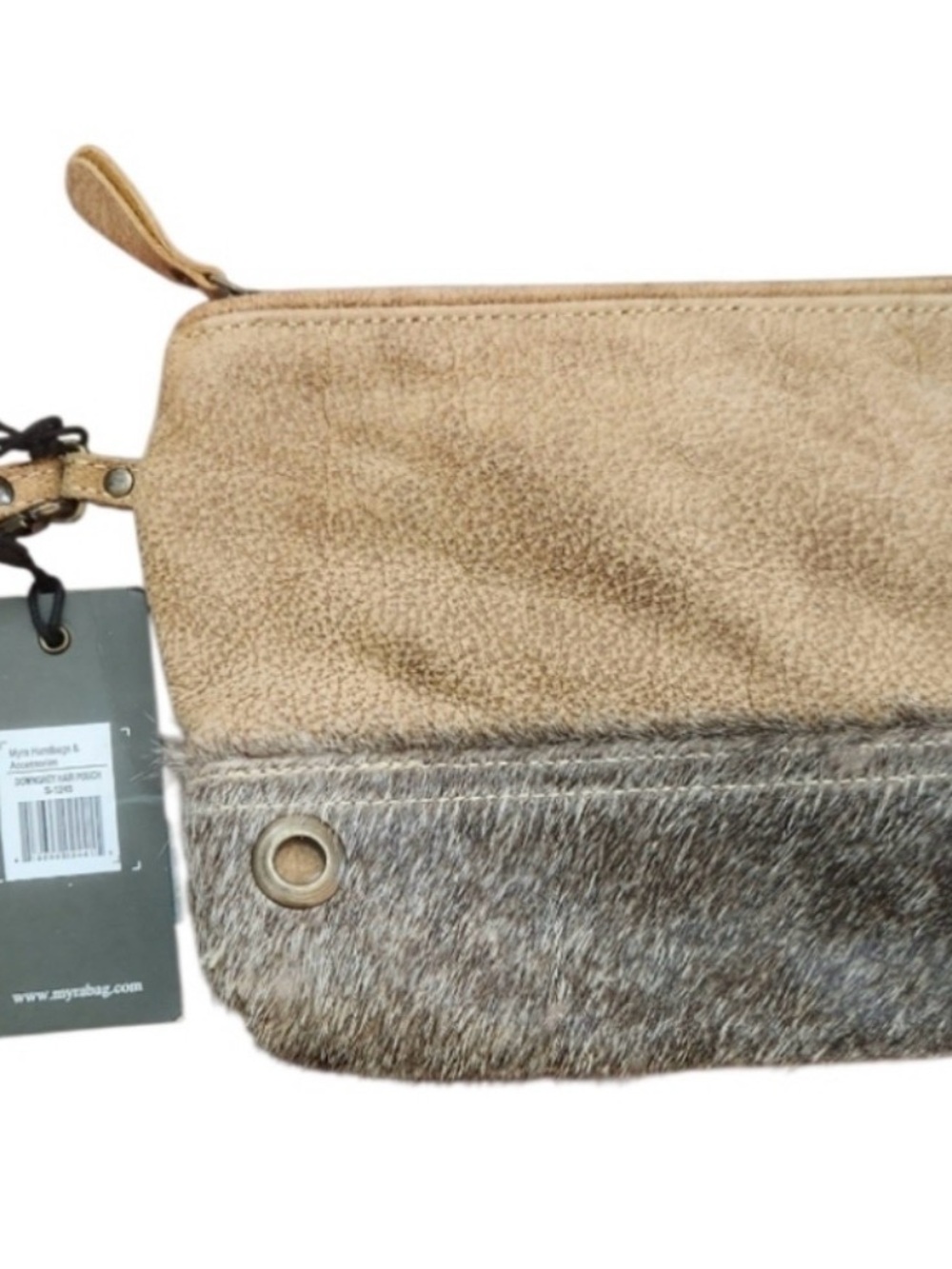 Myra Bag Tan and Gray Fur Accent Wristlet Clutch